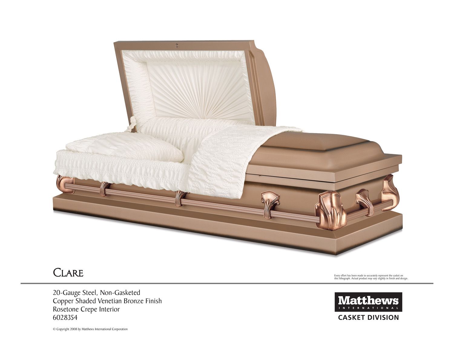 Open casket with white-lined interior and beige exterior, shown with bedding and decorative trim.