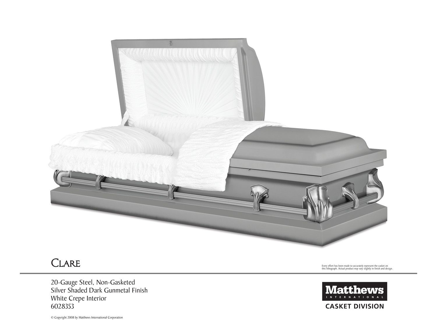 White casket with open lid, chrome trim, and gray base on a white background.