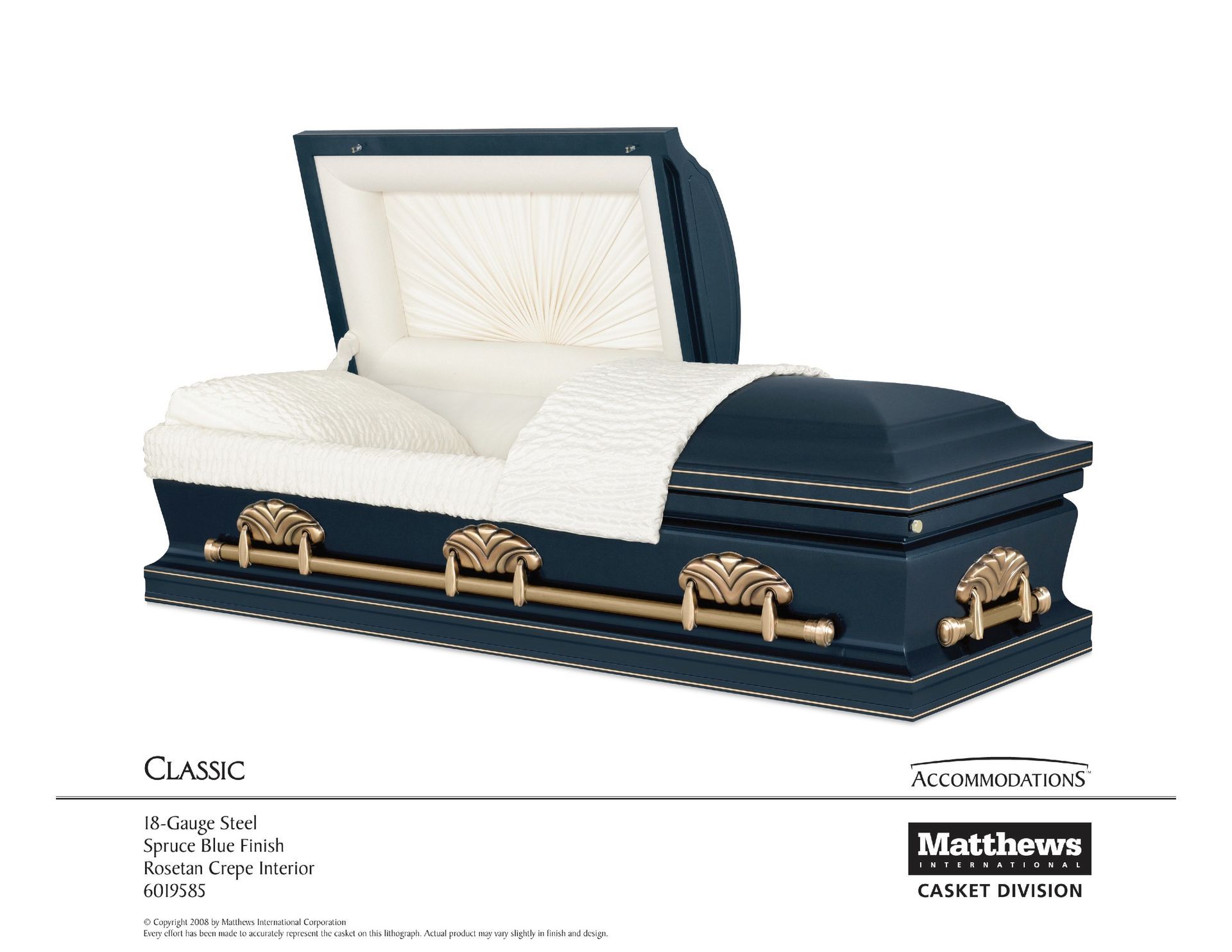 Open navy-blue coffin with cream interior and gold handles, shown on a product page