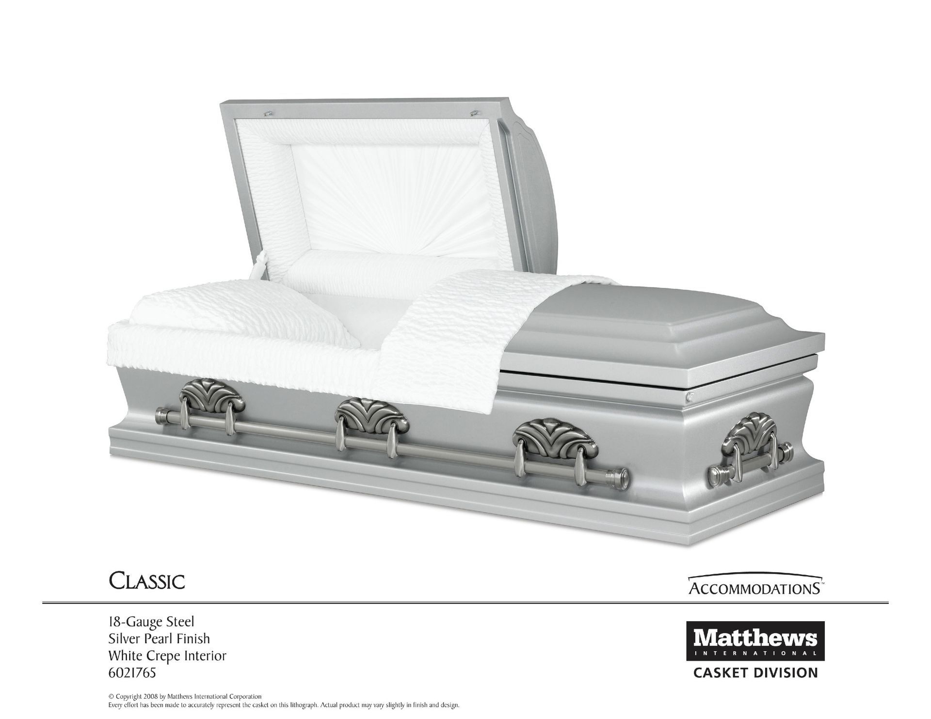 White open casket with silver handles on a white background, shown in a funeral home catalog.