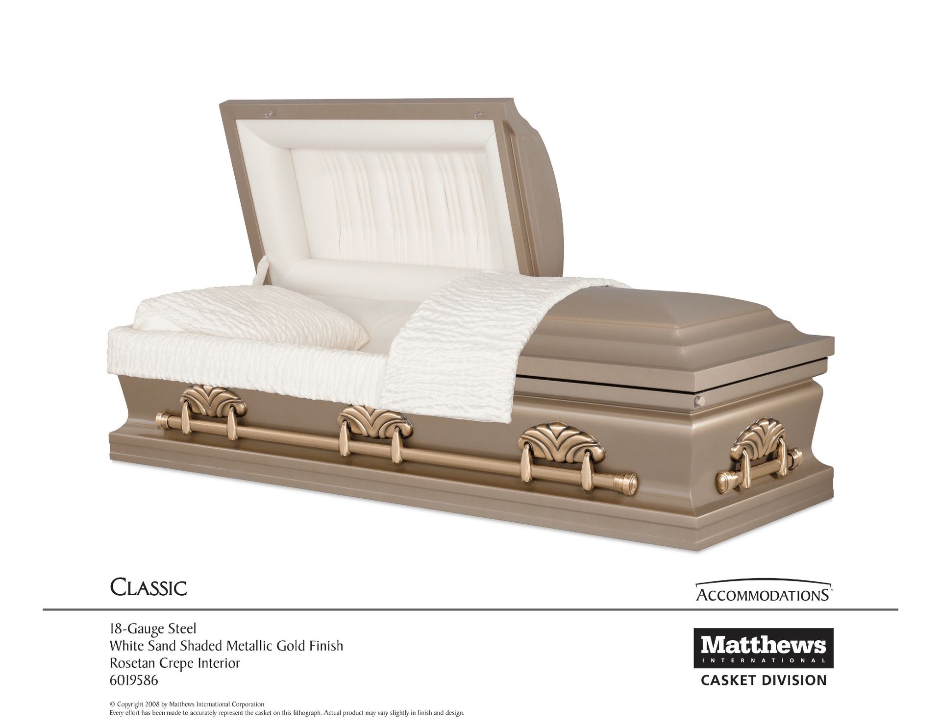 Beige open casket with white lining and gold accents on a white background