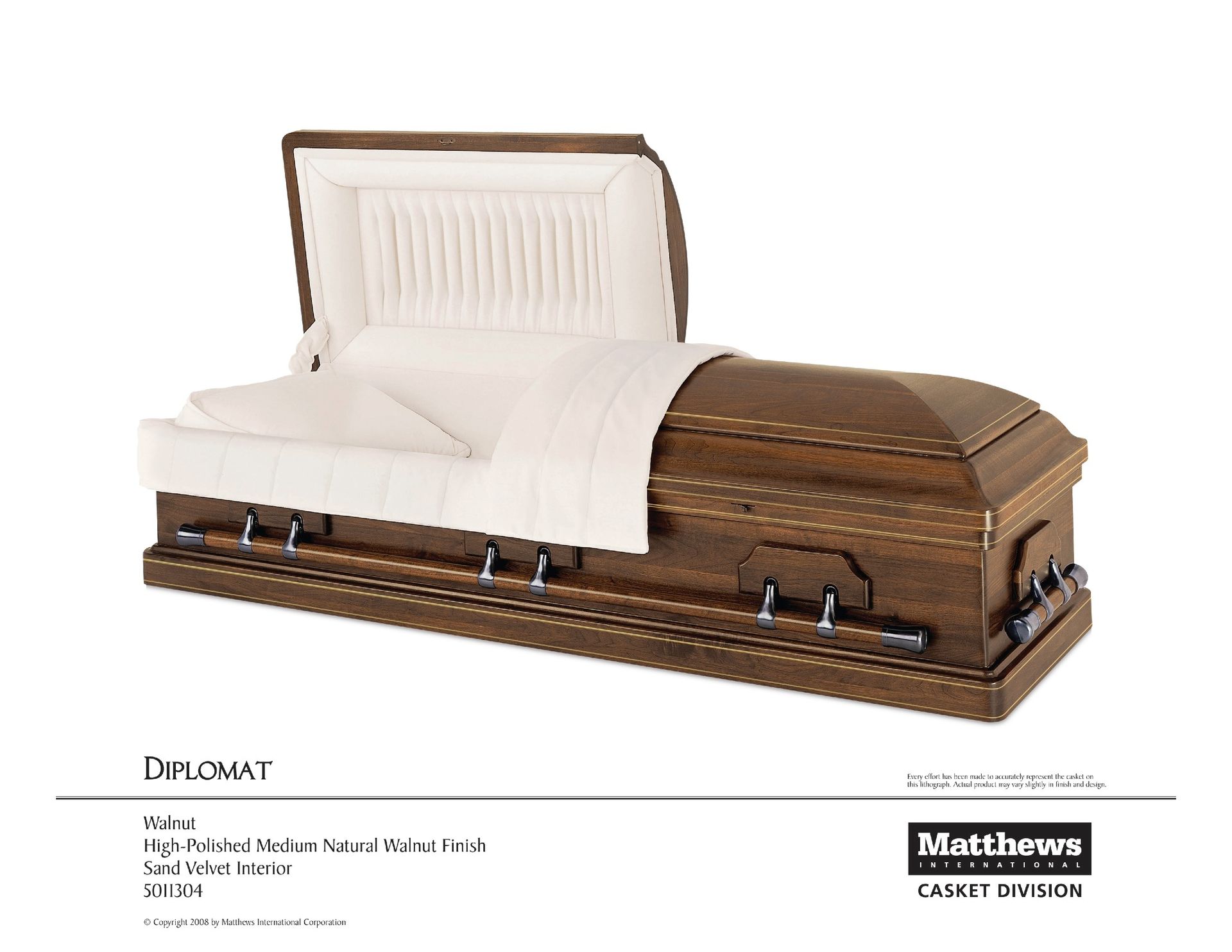Brown-and-white funeral casket with white interior, shown in a product catalog
