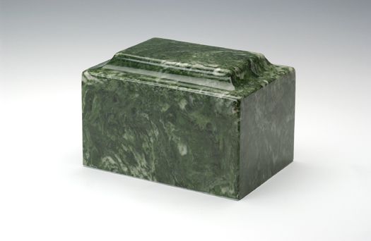 Green marble urn with a hinged lid on a white background