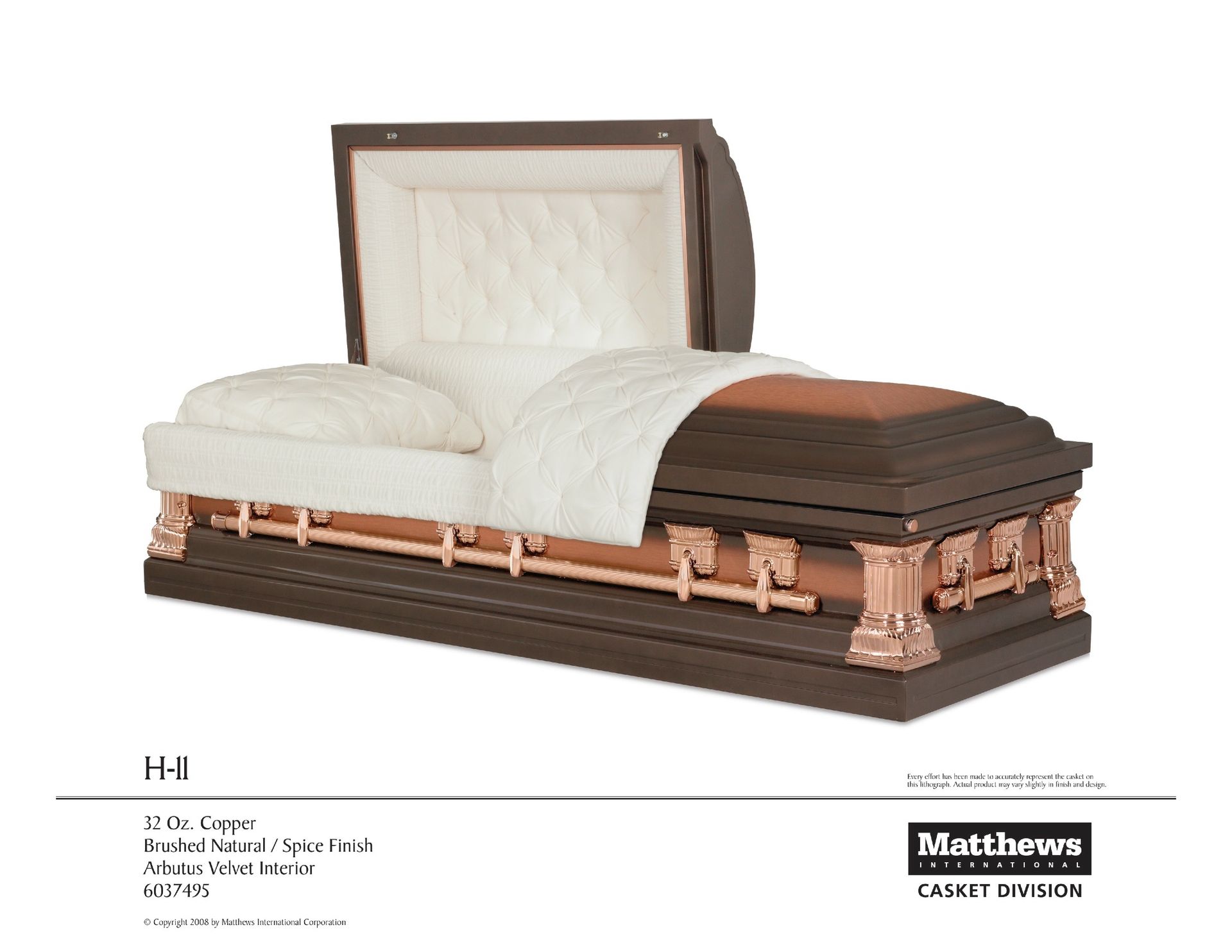 Brown and white upholstered casket with a quilted lid and headboard, shown in a product photo.