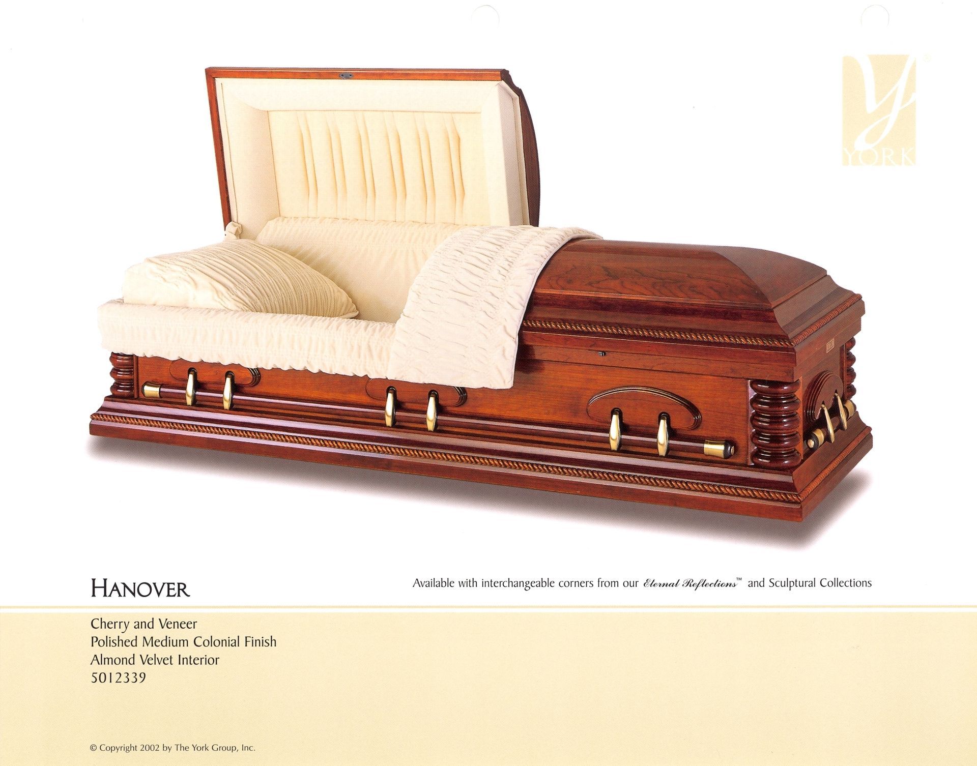Wooden casket with open cream-lined lid and pillow, shown on a light background