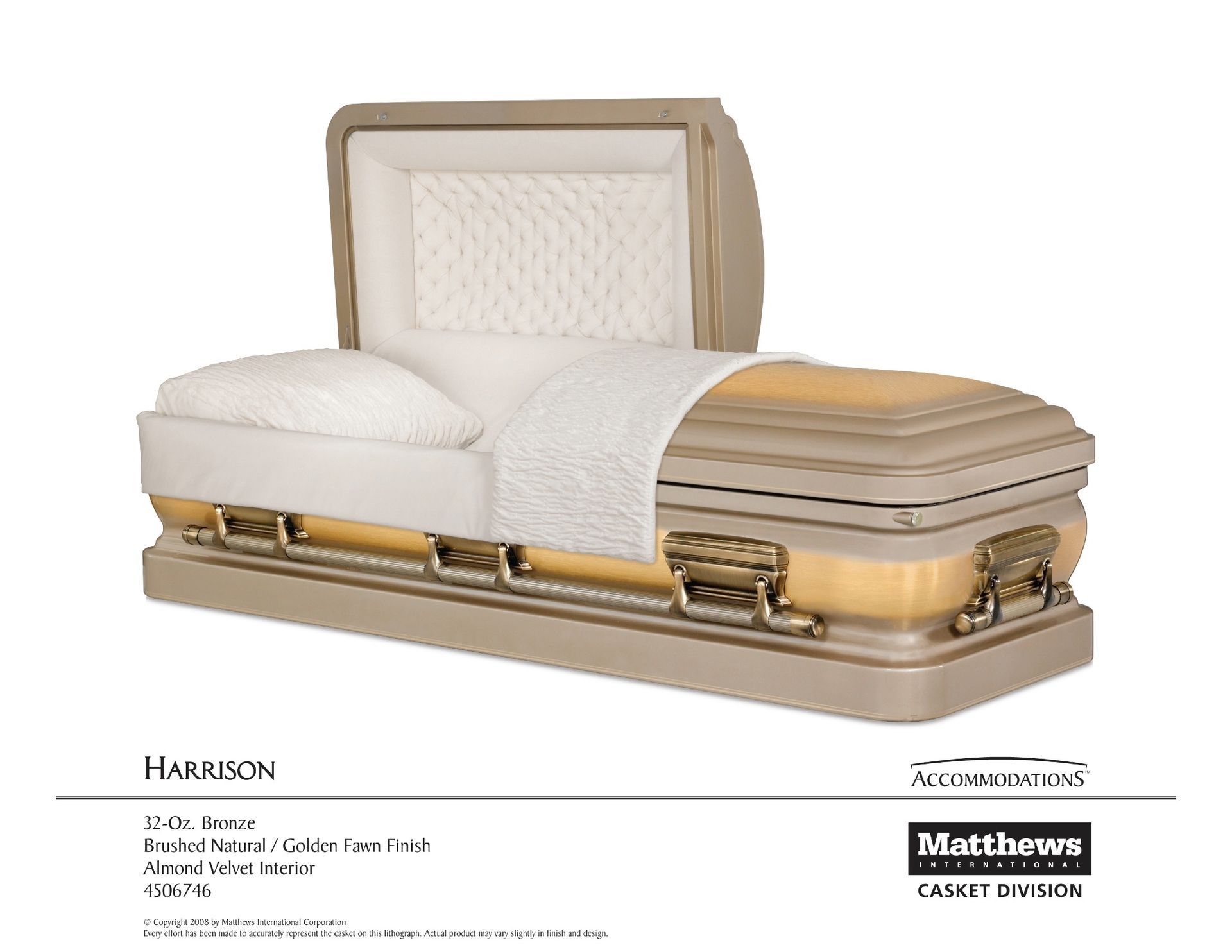 Beige and cream coffin with white interior, shown in a product catalog layout.