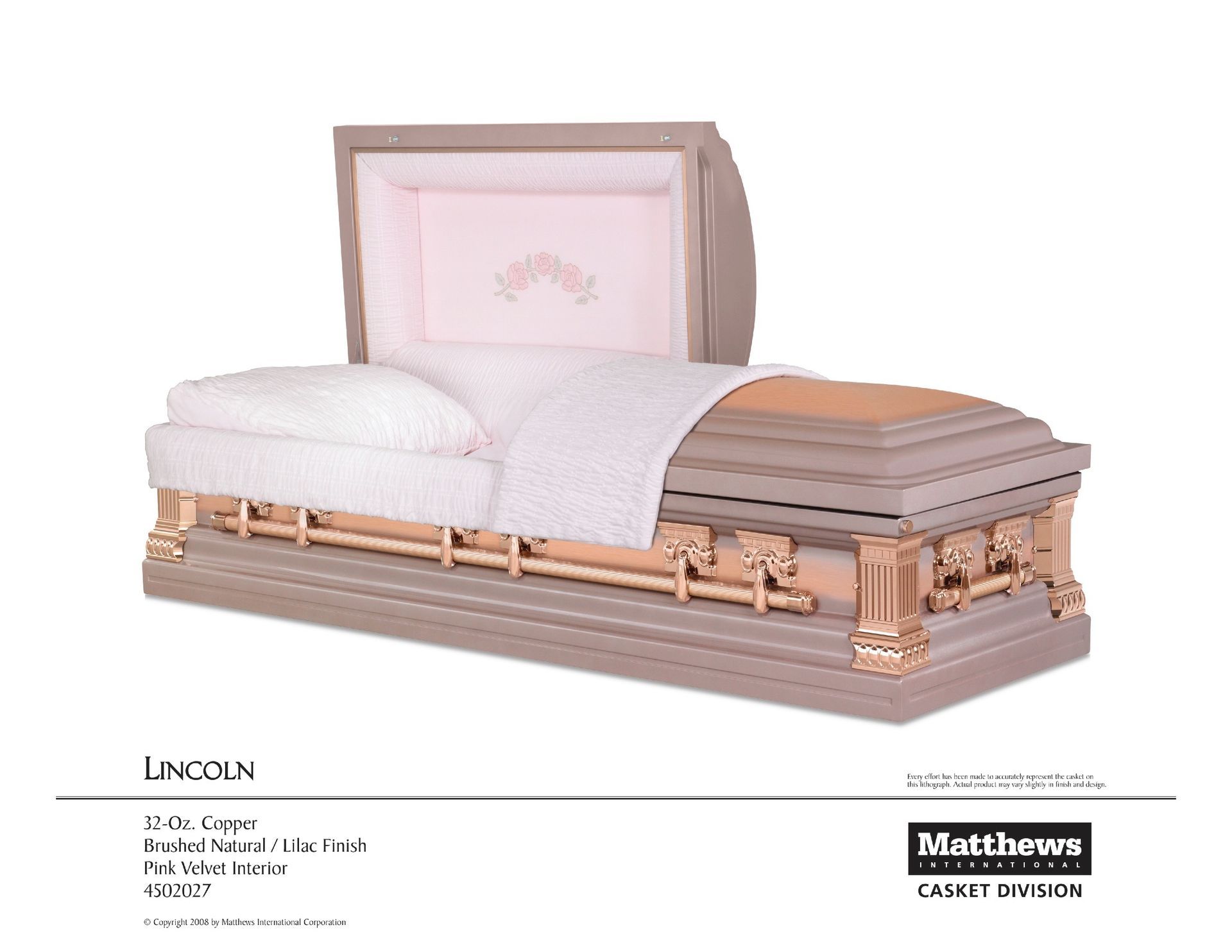 Pink and gold upholstered coffin with raised lid, shown in a product catalog on white background