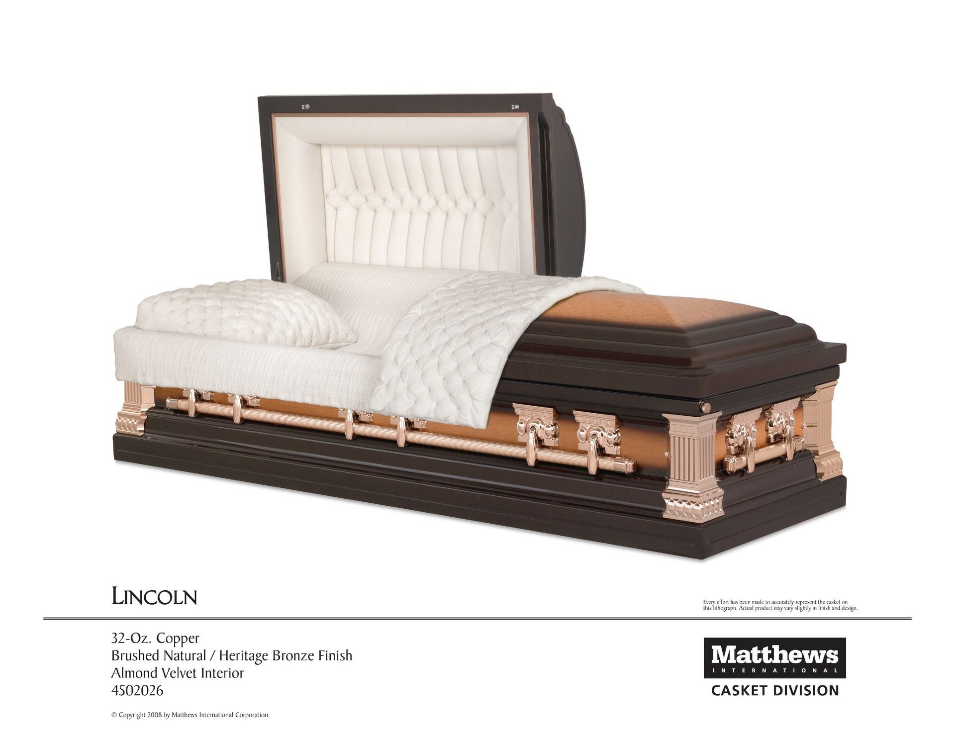 Luxury upholstered bed frame with cream bedding and a dark wood base, shown in a product catalog.