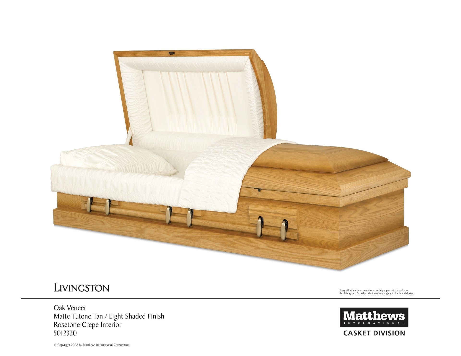 Wooden casket with white upholstered interior and raised lid, shown in a catalog-style product image.