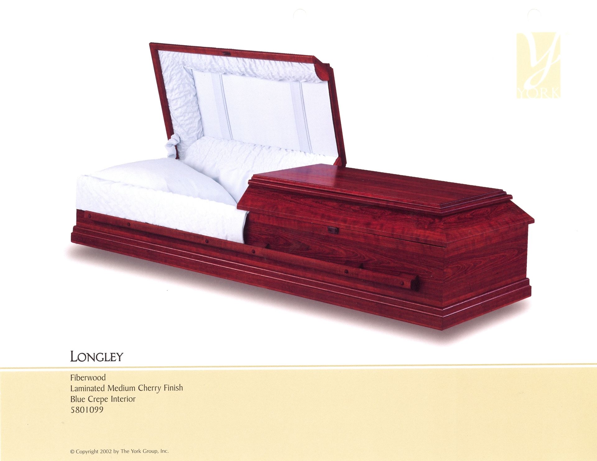 Maroon upholstered coffin with lid open, showing a white satin interior on a light background