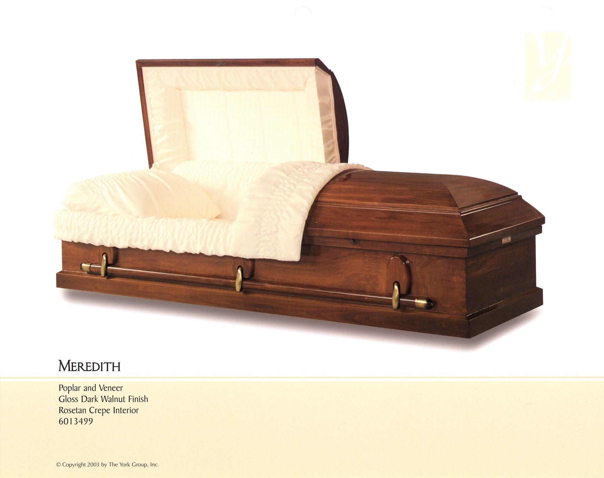 White-lined wooden coffin with a tufted cream interior, shown on a white background