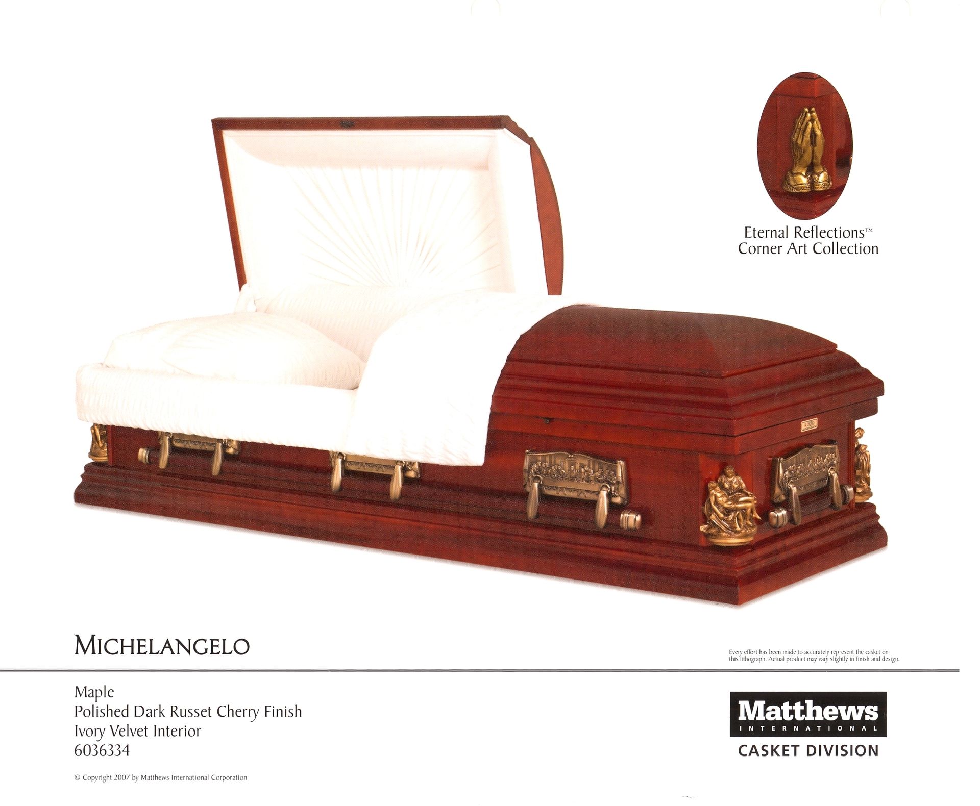 Mahogany casket with white interior and raised lid, shown on a white background with Matthews logo
