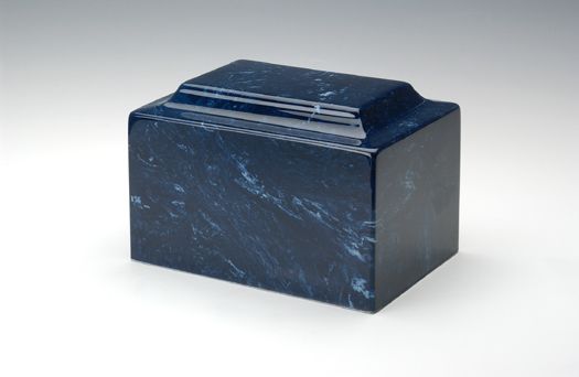 Dark blue marble cremation urn with a lid on a white background