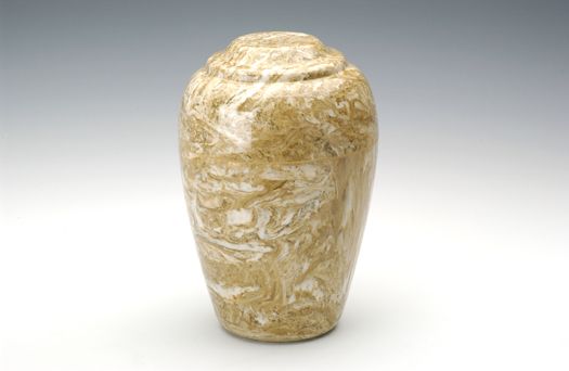 Small beige marbled ceramic vase on a plain light background