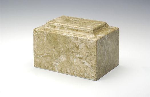 Beige marble urn with a stepped lid on a white background