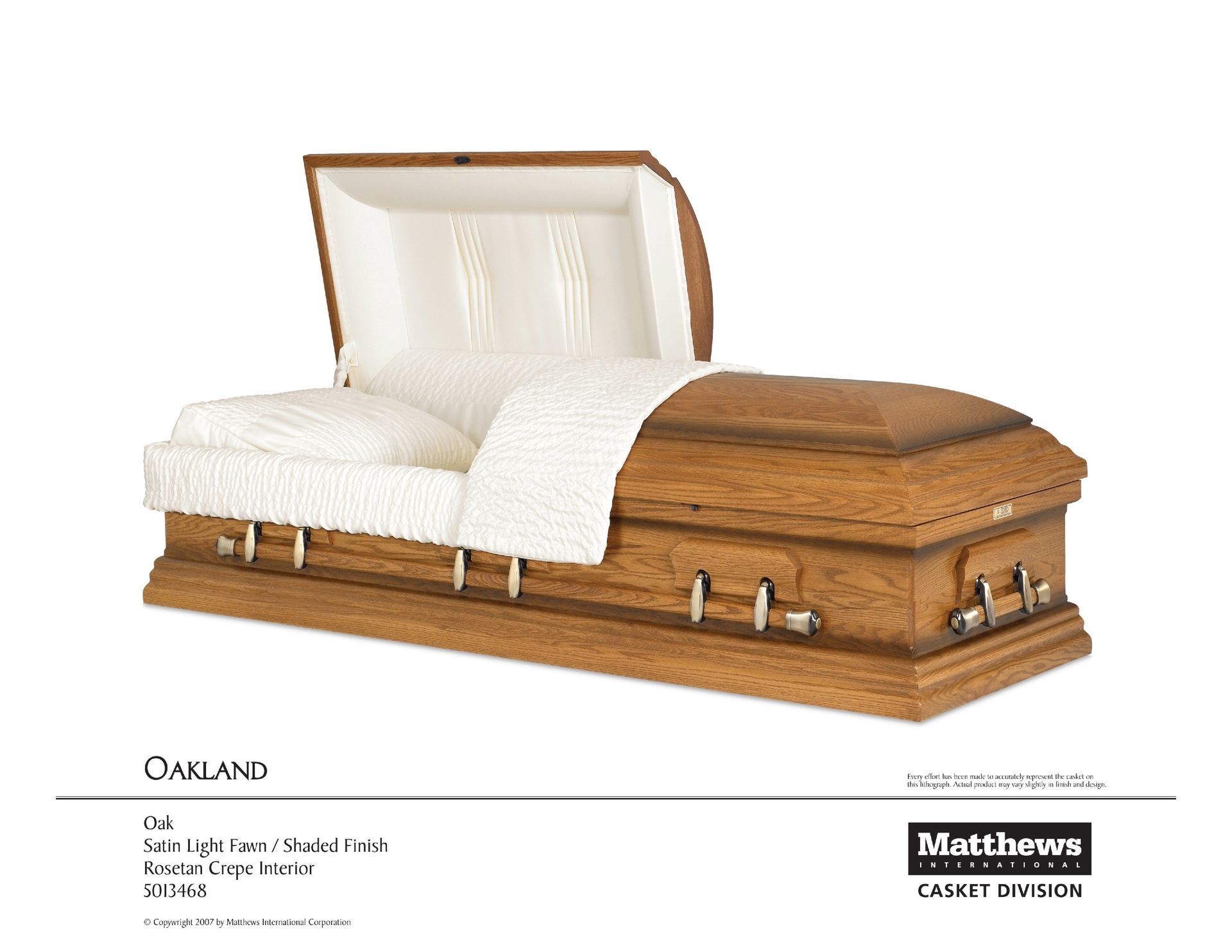 Wooden coffin with white lining and pillows, shown in a product-style catalog image.