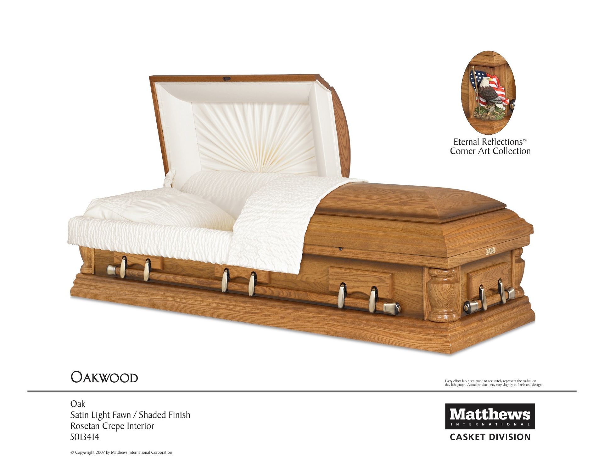 Open casket with white lining and wood finish, shown in a product catalog layout