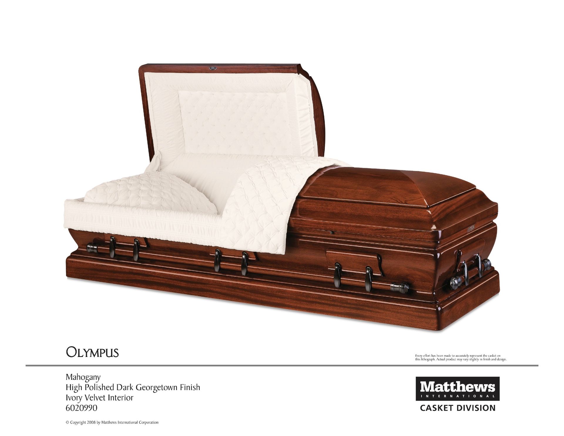 Open casket with white lining and dark wood finish, shown in a funeral home ad.