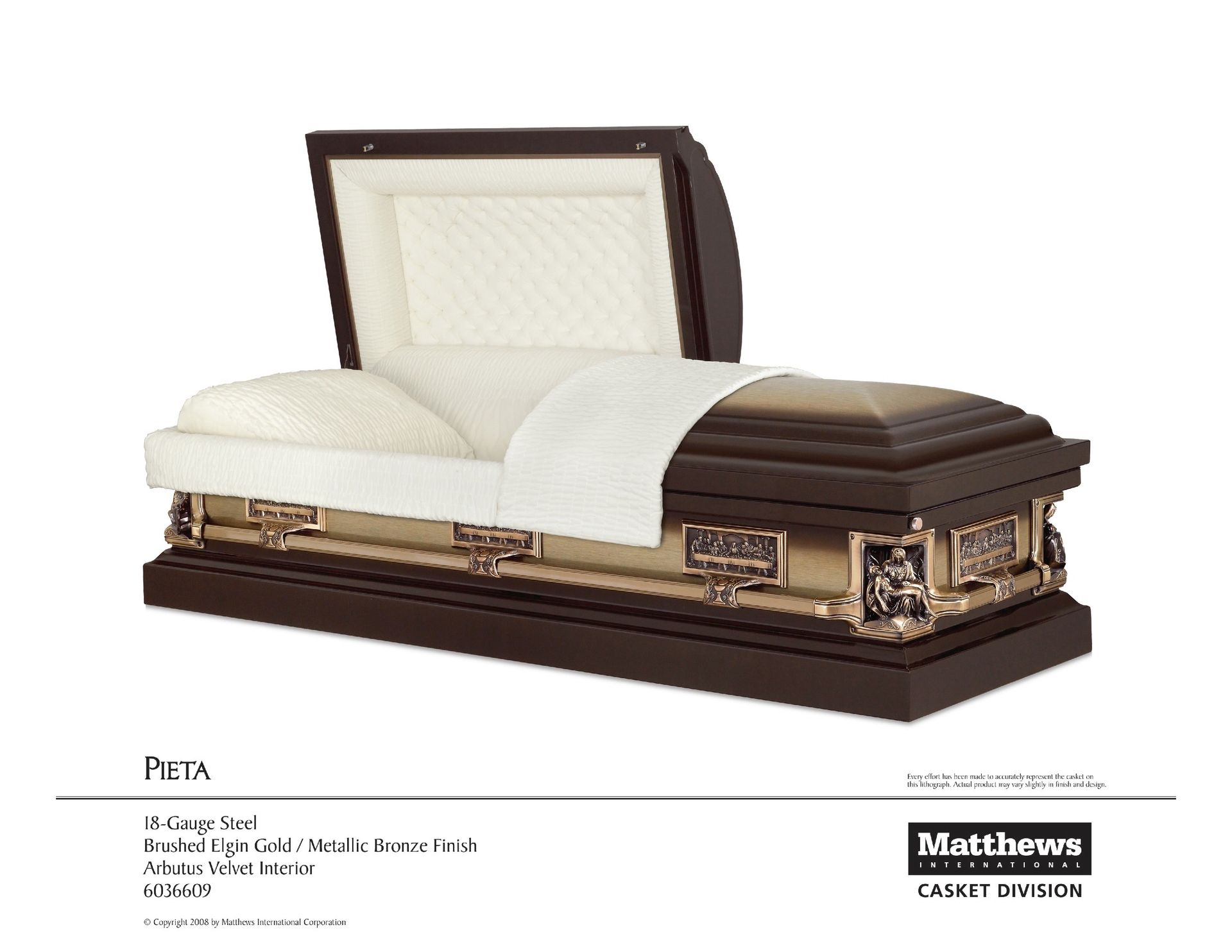 Brown casket with cream interior and open lid on white background