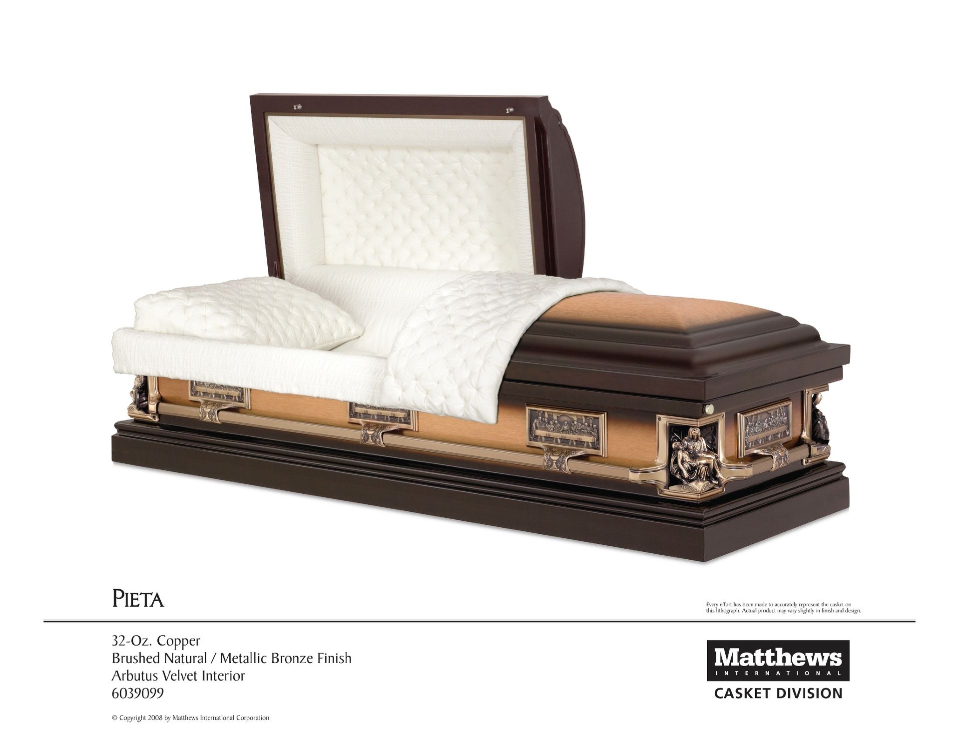 Brown and white open coffin with padded interior, displayed on a white background