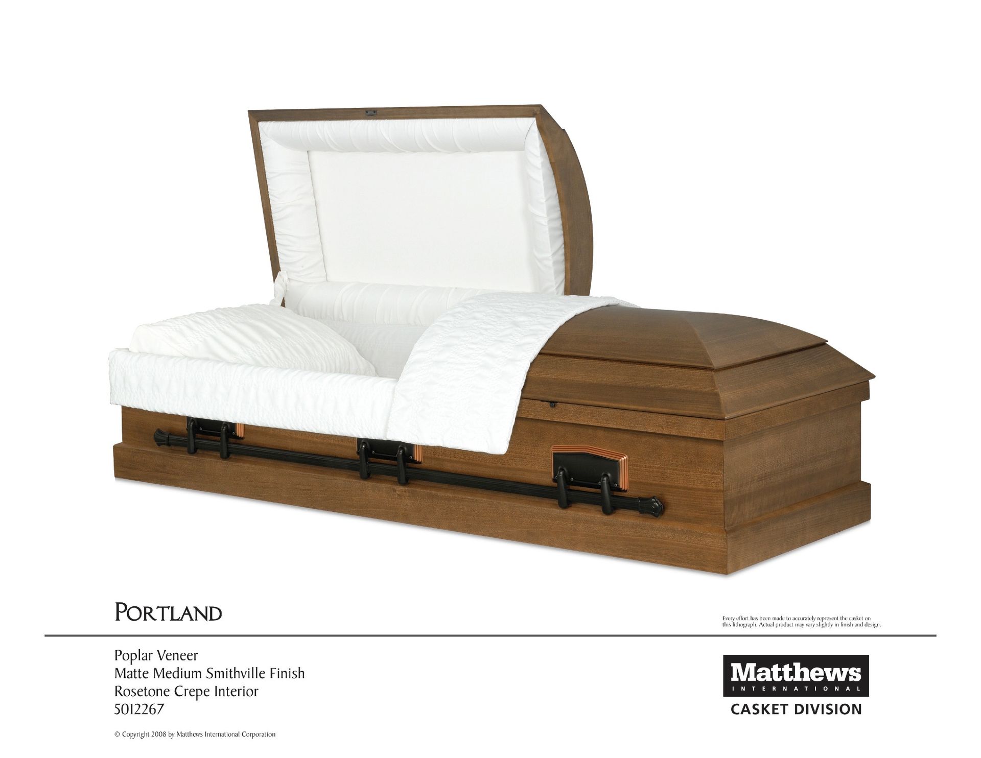 Open casket with white lining and a white satin drape on a wooden base