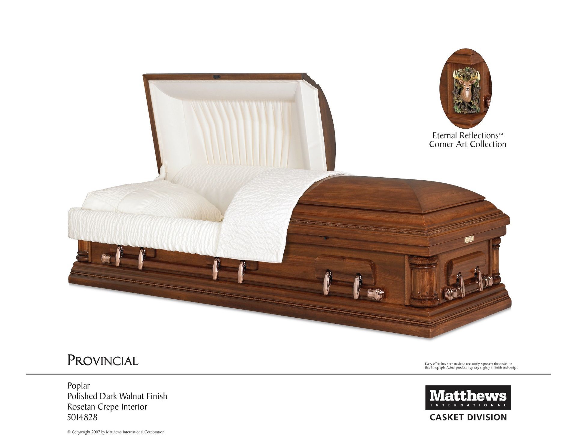 Wooden casket with white quilted lining and hinged lid, shown in a product catalog layout.
