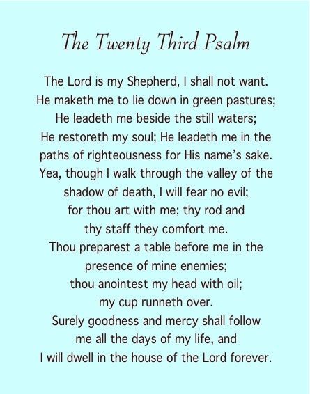 Psalm 23 text on light blue background with decorative script title and black verse text