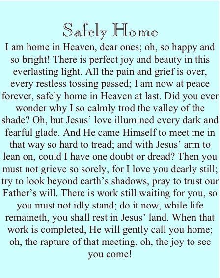 Pale blue “Safely Home” poem card with black text about heaven and passing safely to Jesus
