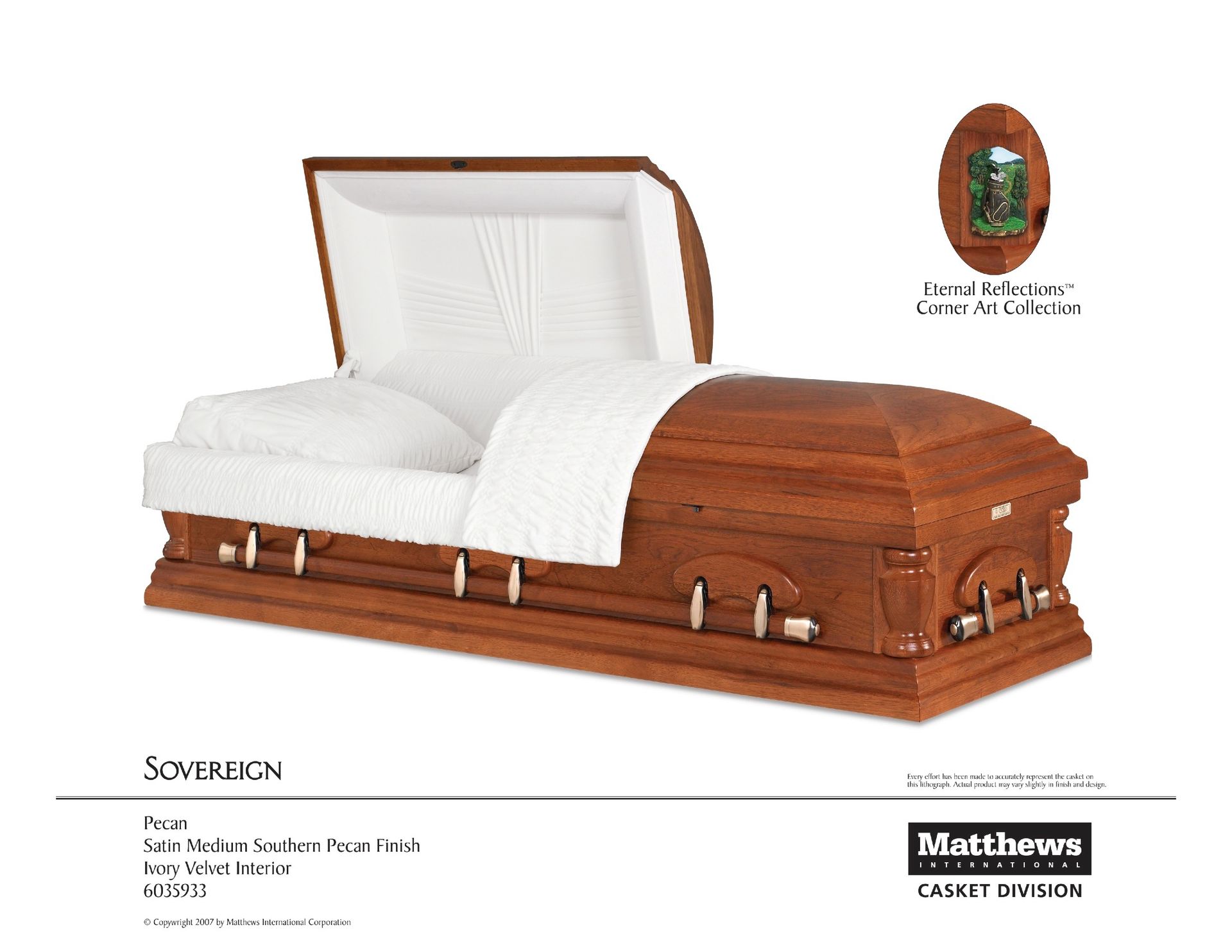 White coffin with open lid and tufted interior, shown in a catalog-style product image with wood-grain finish.