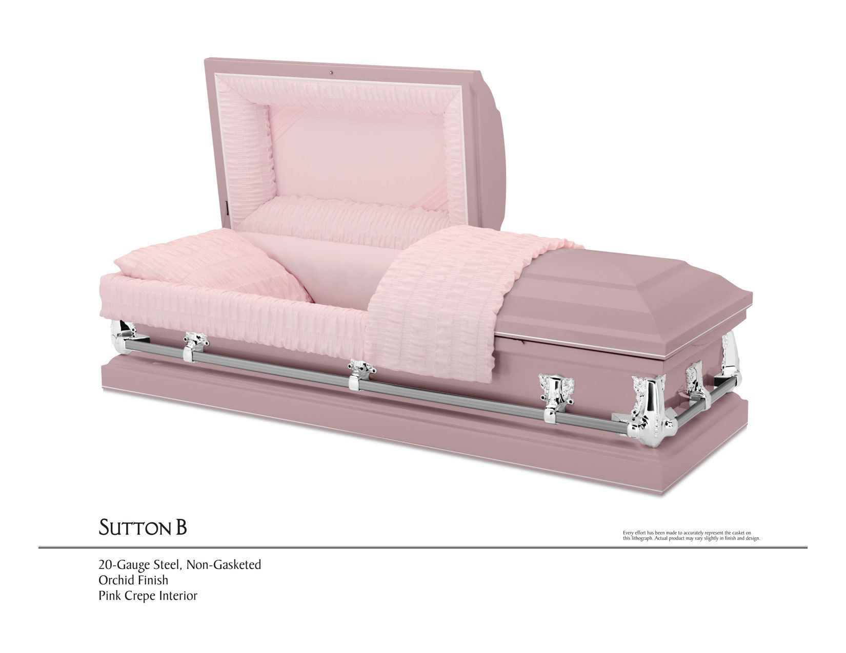 Pink satin casket with open lid and quilted interior on white background