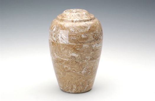 Tan ceramic urn with a rounded lid on a white background