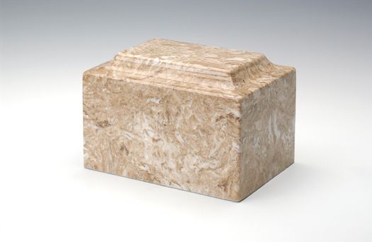 Beige marble decorative box with a stepped lid on a white background