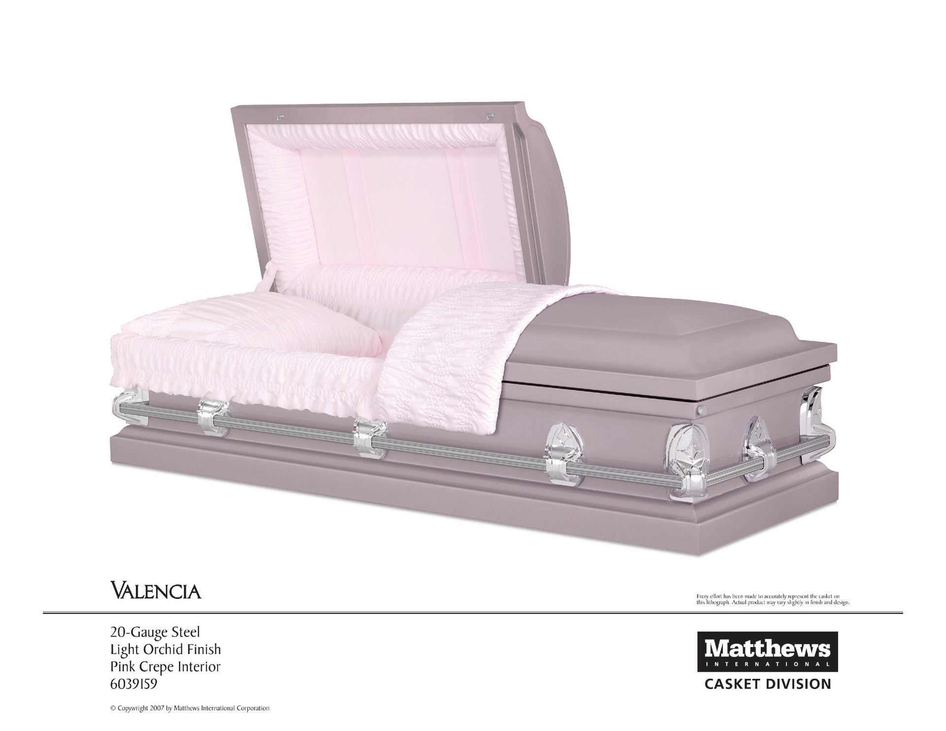 Pink satin casket with open lid and silver trim on white background