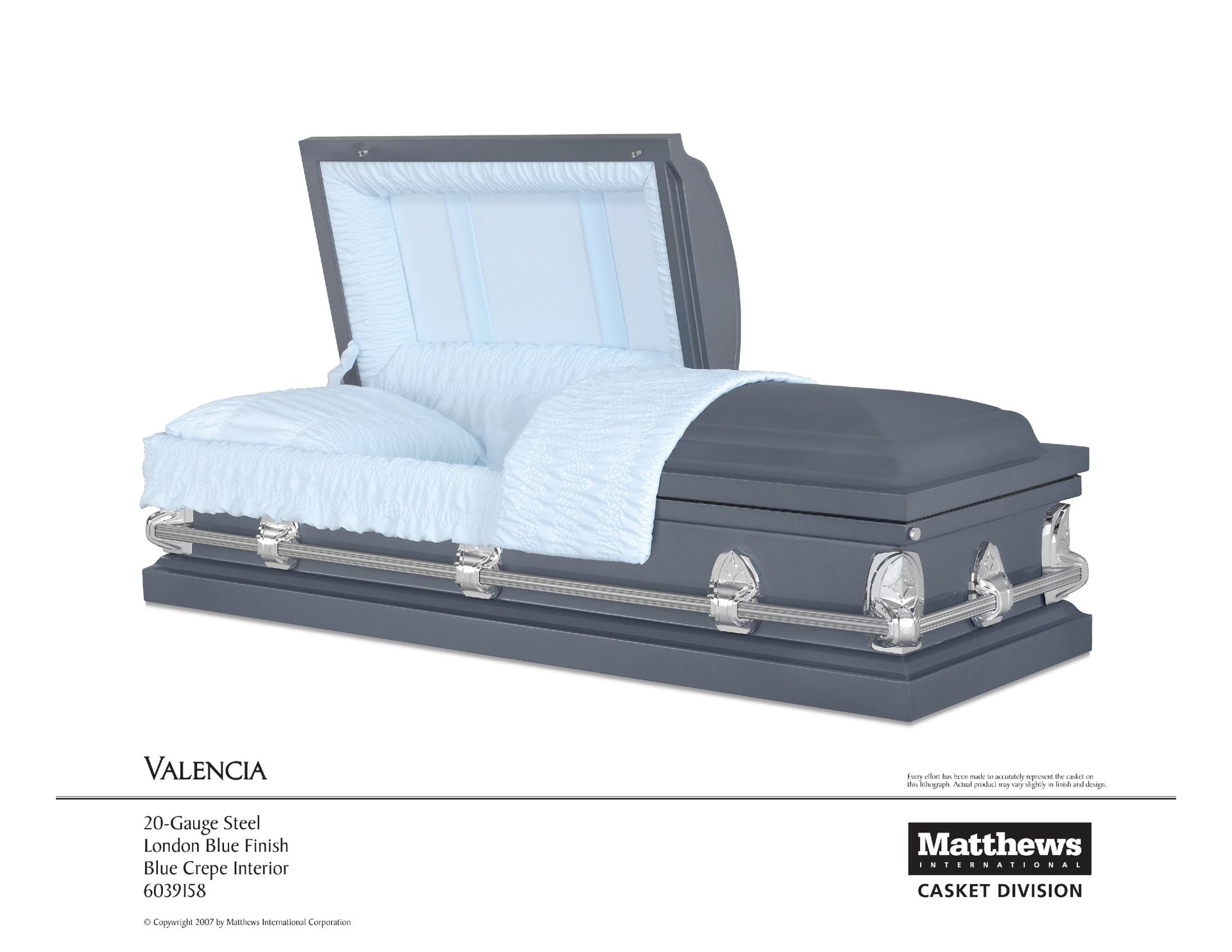 Gray-and-white casket with open lid and white interior on a plain background