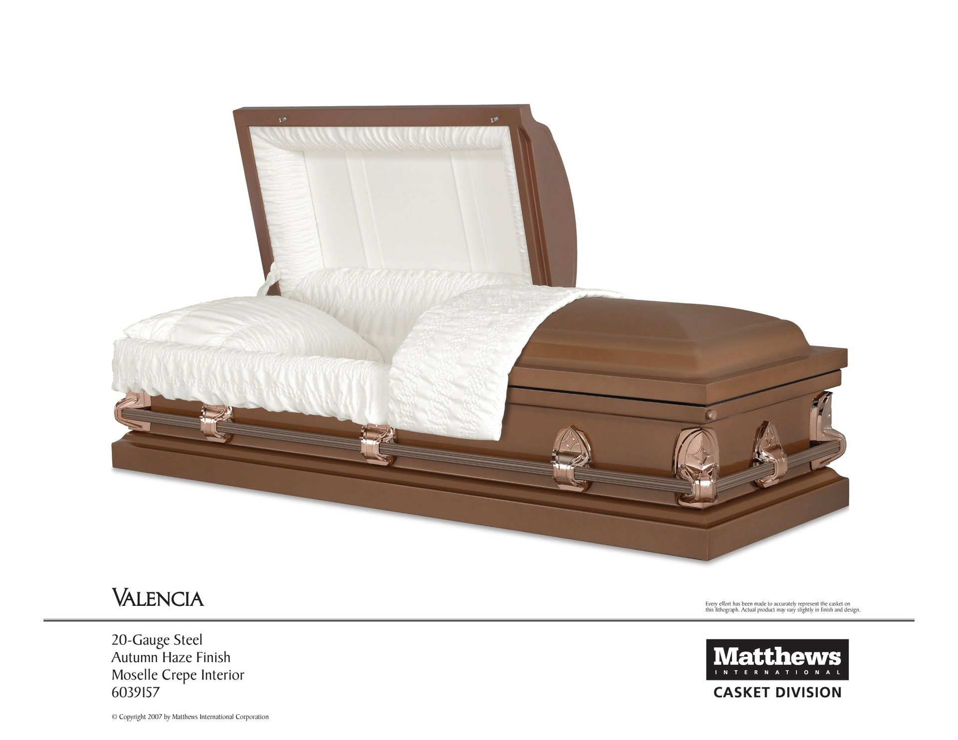 Brown casket with white interior and open lid, shown in a product catalog layout.