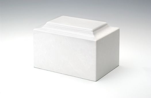 White decorative box with a stepped lid on a light gray background