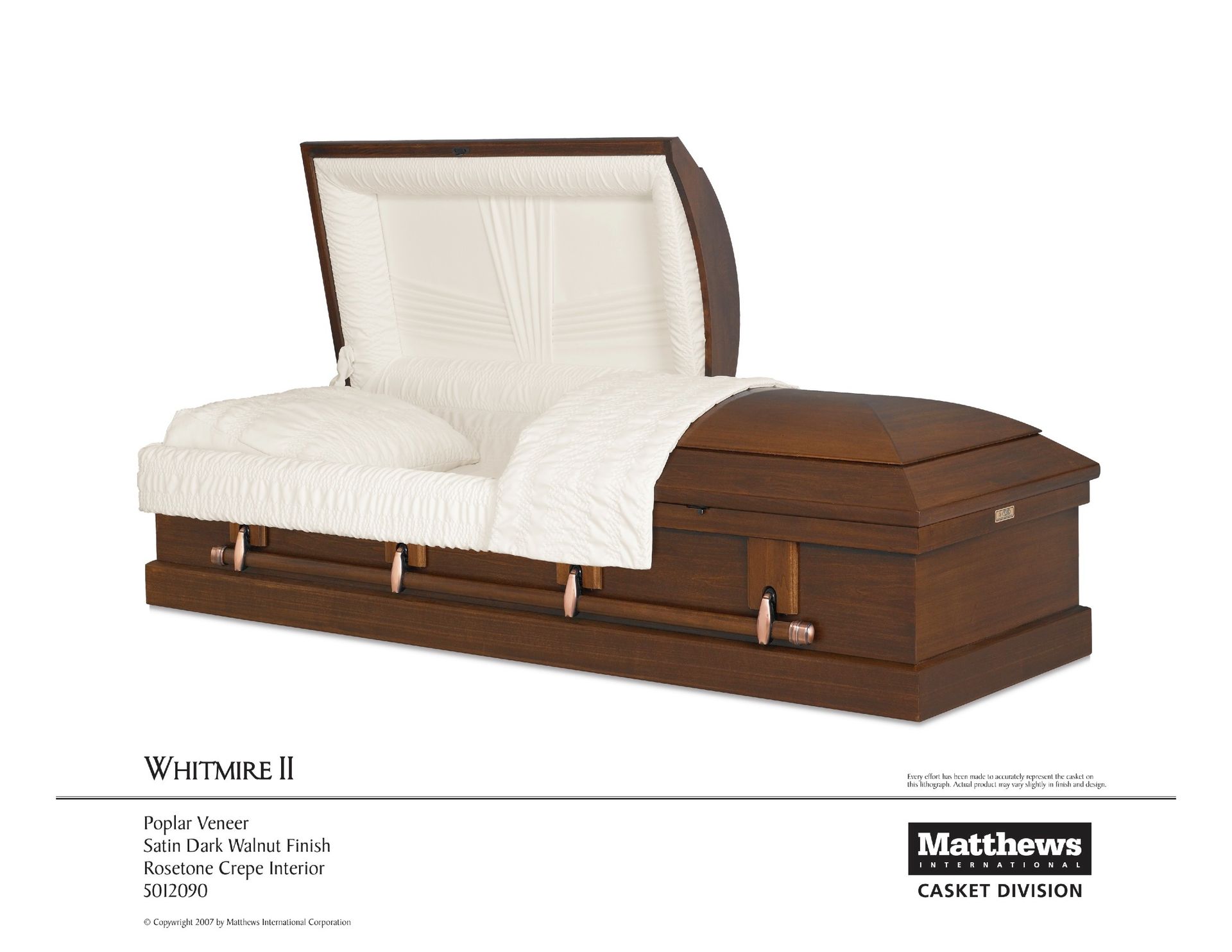 White-lined brown wooden casket with an open lid and white interior upholstery