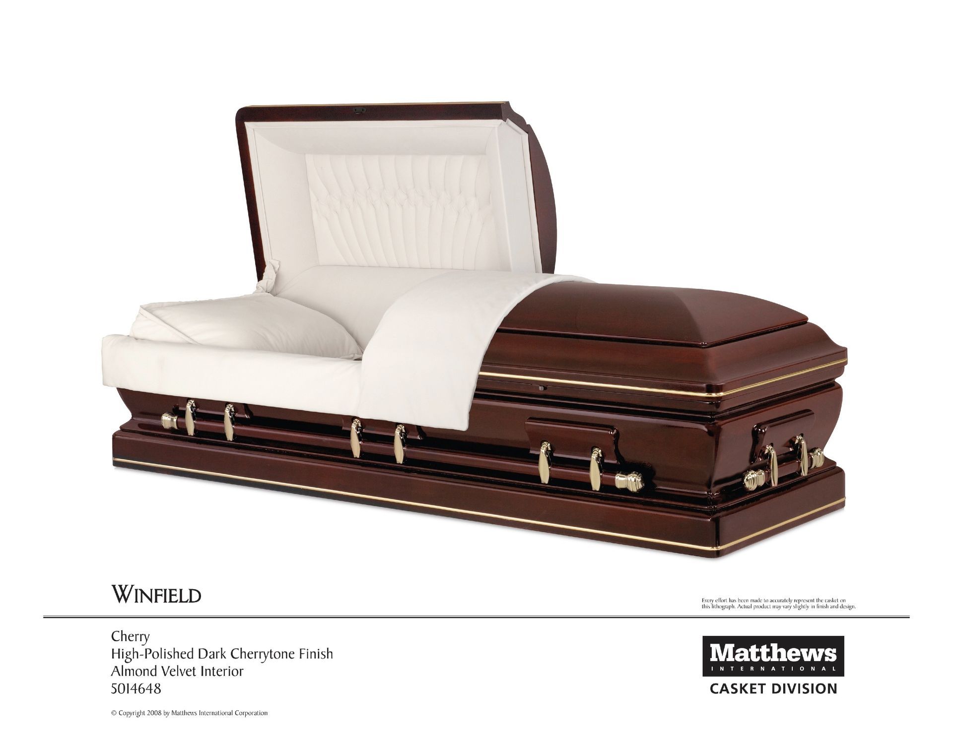 Open casket with white satin interior and dark wood exterior, shown in a product catalog.