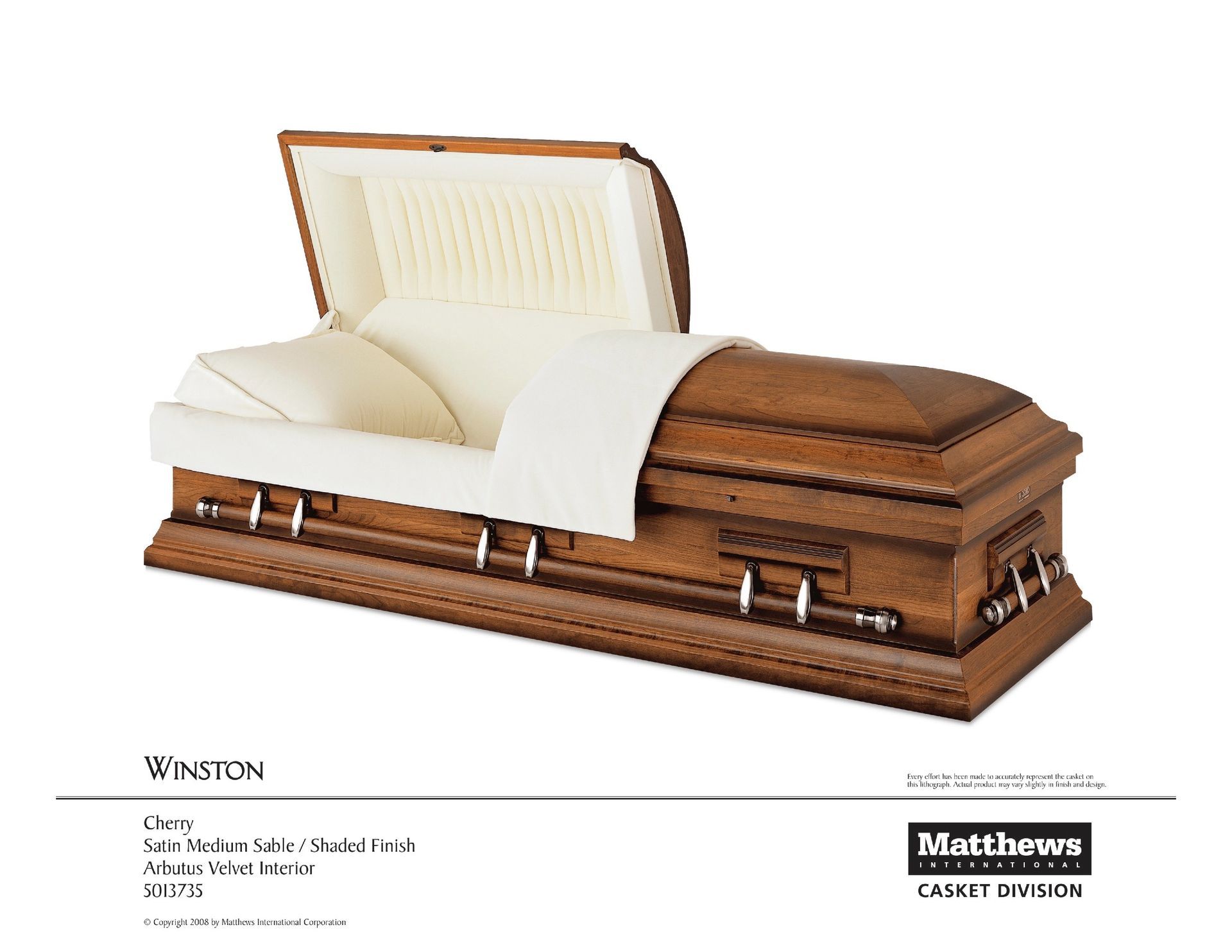 Wooden casket with open cream-lined lid on a white background