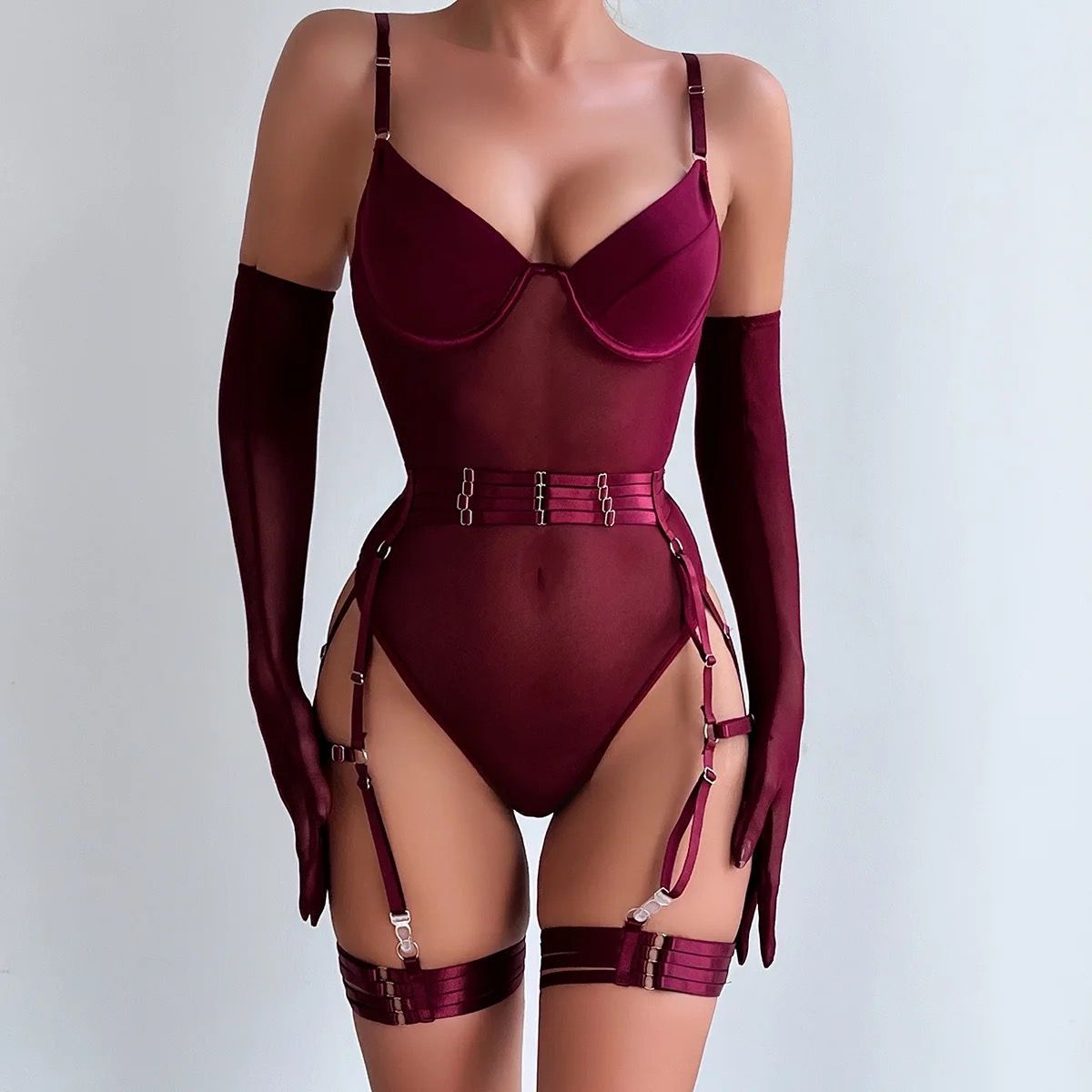 Burgundy Sheer Bodysuit with Garter Straps and Matching Gloves