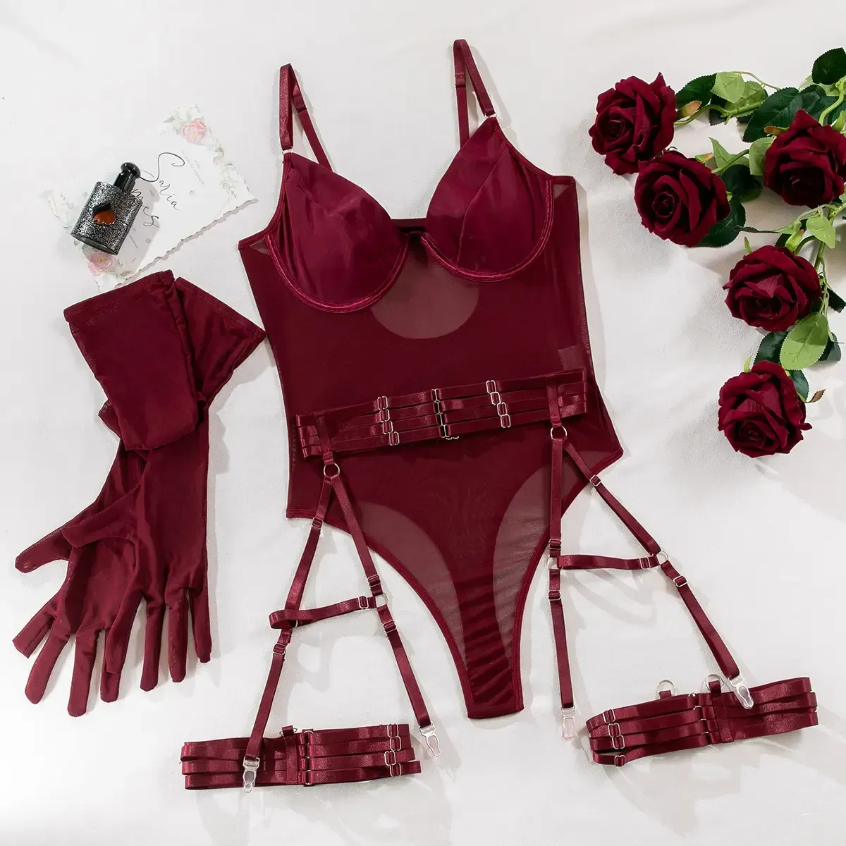 Burgundy Sheer Bodysuit with Garter Straps and Matching Gloves