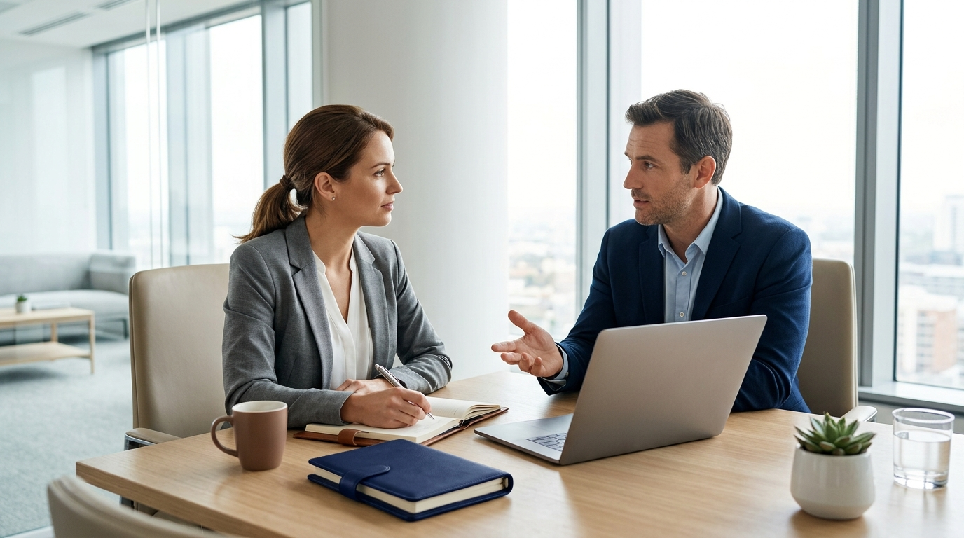Two colleagues in business attire having a discussion at a table in a modern office with a laptop and documents.