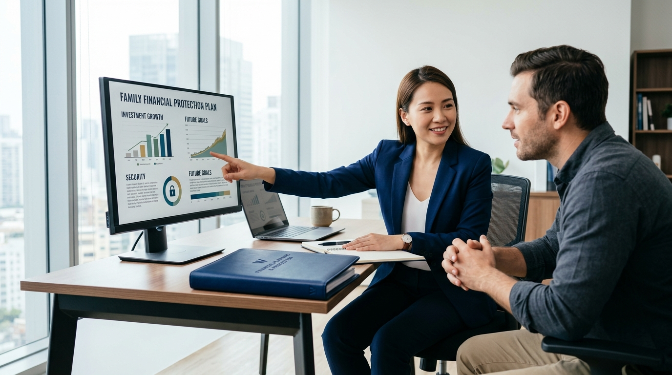A colleague points to a business presentation on a computer screen while explaining data to a person sitting at a desk.