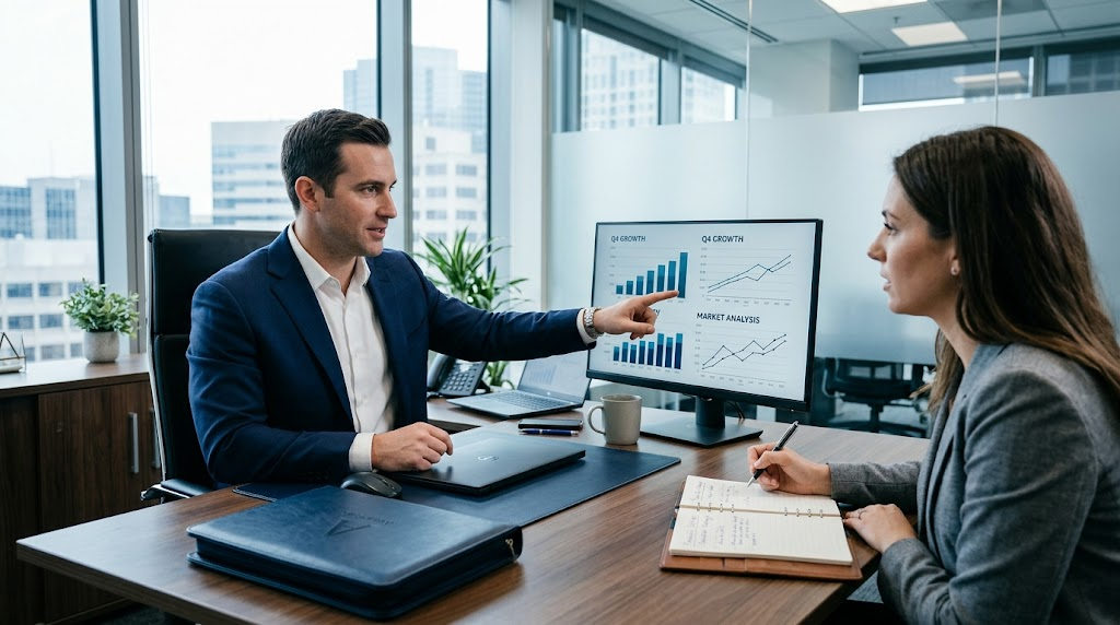 Two coworkers in a modern office discussing a bar chart on a computer screen.