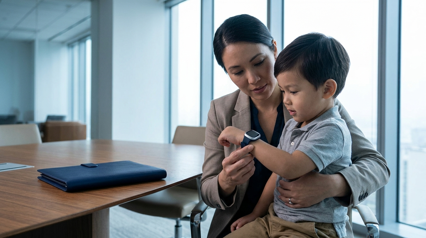Woman helping child use a smartphone at a table in a bright office room