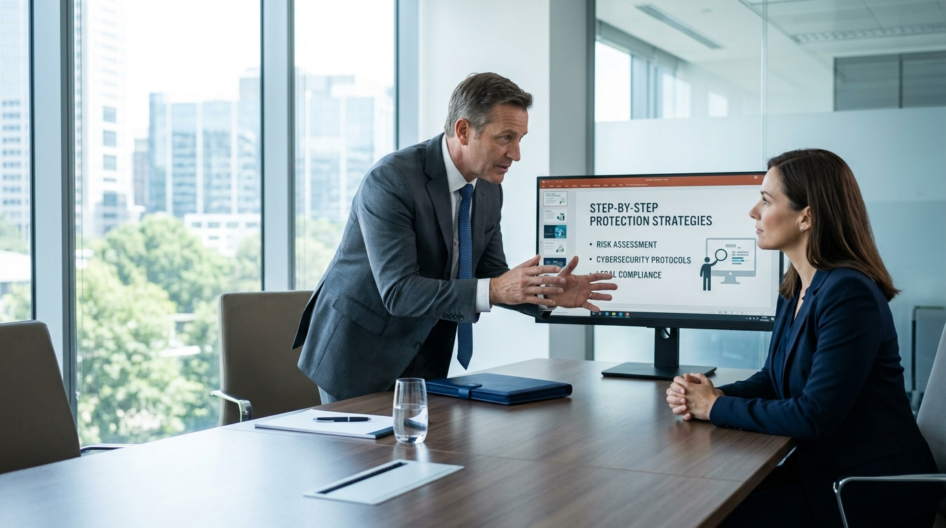 Two coworkers in a meeting room discussing a presentation beside a monitor and laptop.