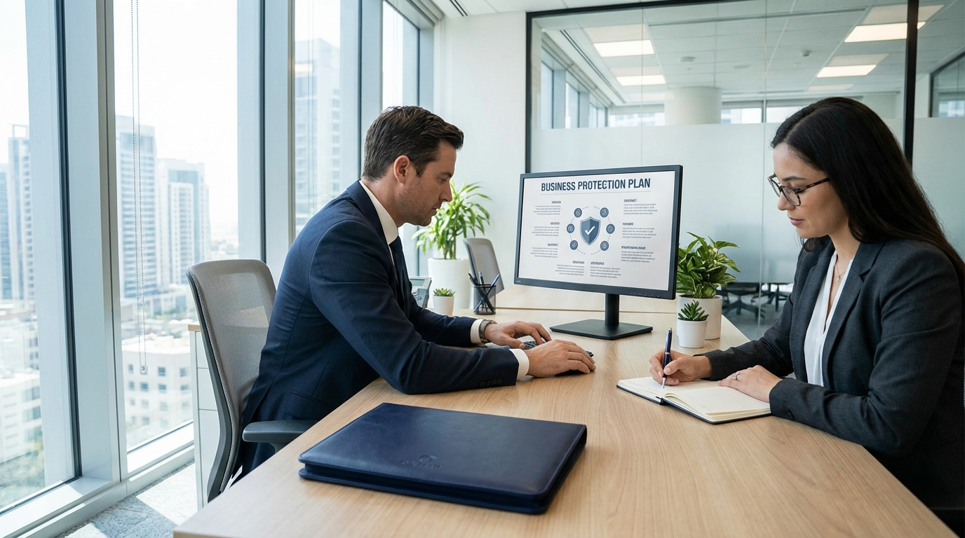 Man and woman in suits at a desk, reviewing a document. Office setting, city skyline visible.