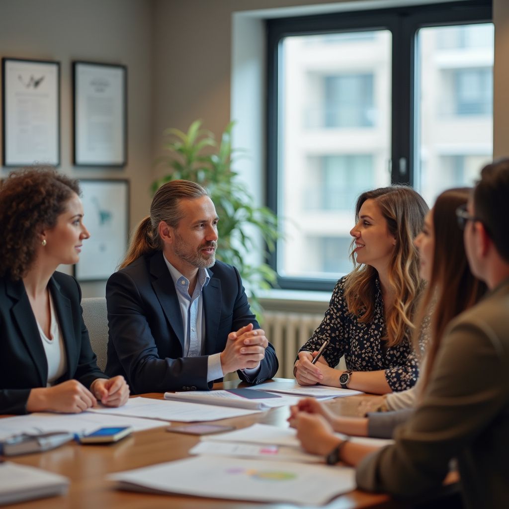 Group of people in a meeting at a table, discussing papers.