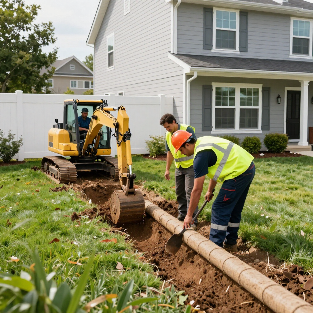 Workers installing a long drainage pipe beside a house, with a small excavator digging a trench.