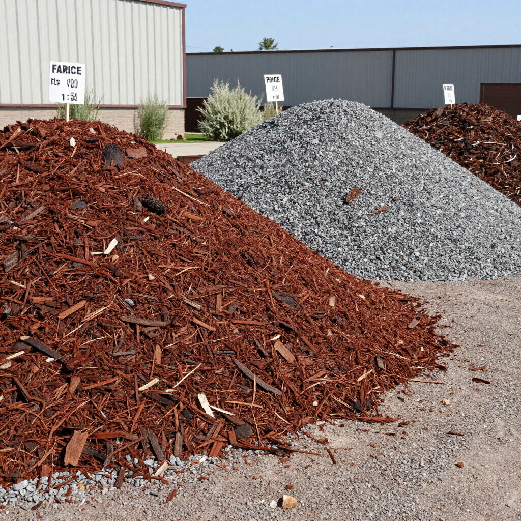 Mulch and gravel piles in an outdoor landscaping supply yard with metal buildings in the background